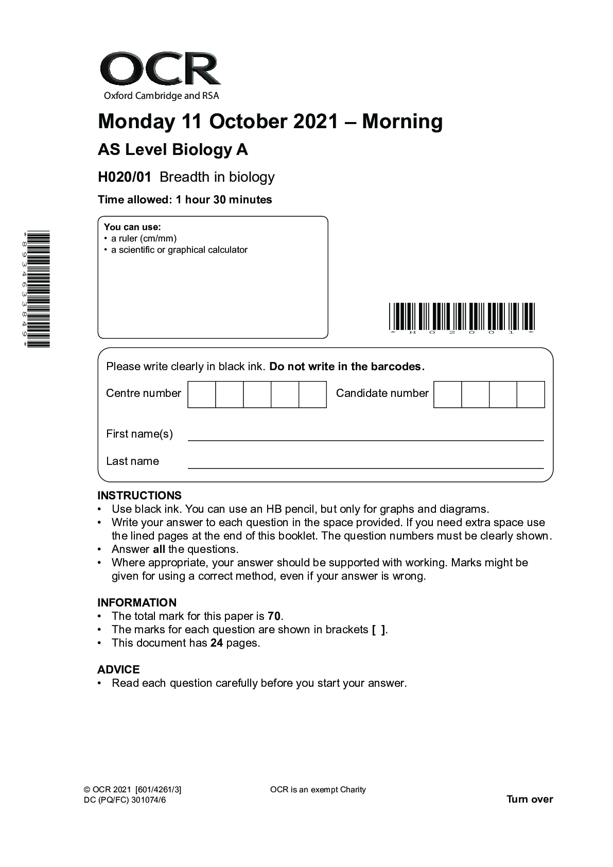 Preview image for Biology A H020/01: Breadth in biology Advanced Subsidiary GCE QUESTION PAPER